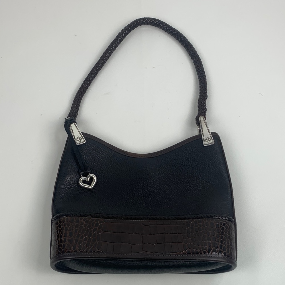 Vintage Brighton Black & Brown Women's Shoulder Bag Silver Heart Charm Accent